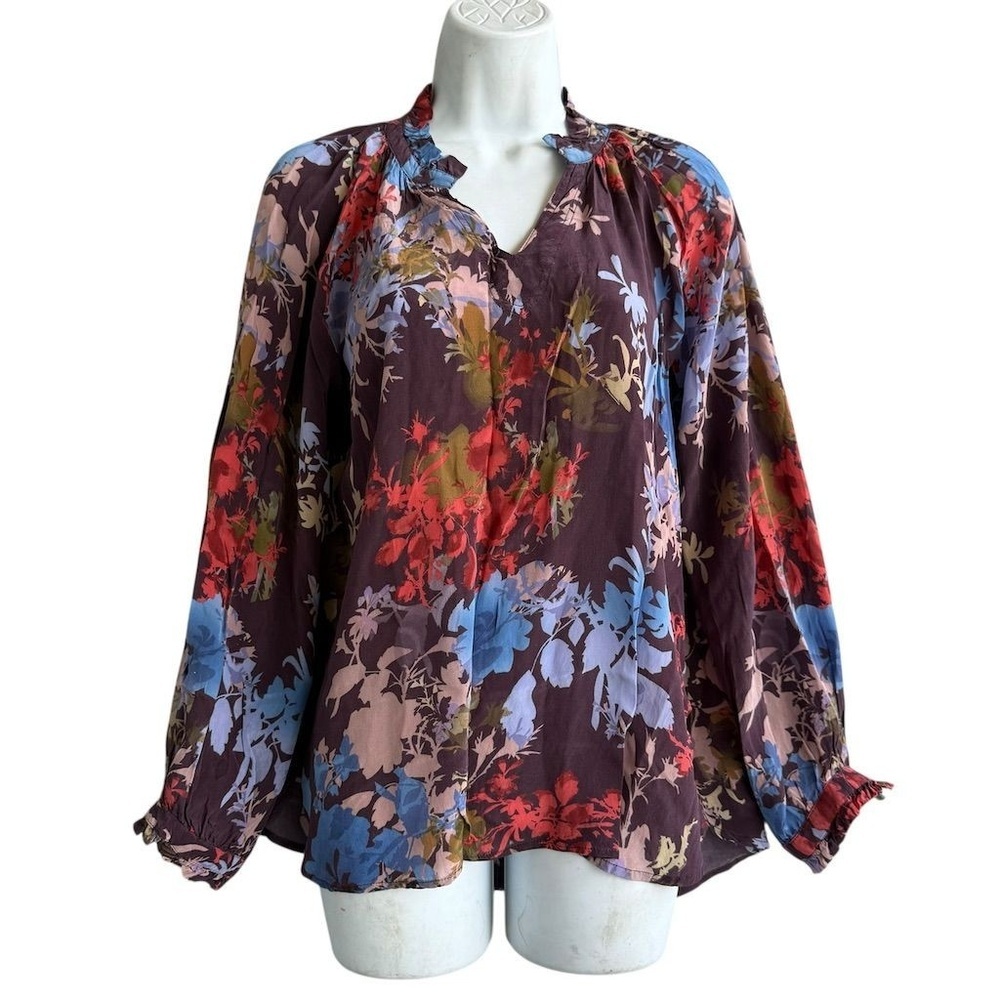 TOLANI Floral Cupra Blouse Women's L V-Neck Balloon Long Sleeve Ruffle Neck